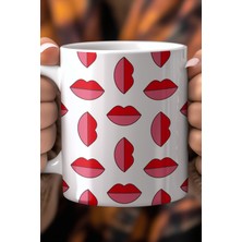 Kırmızı Dudak Desenli 330ML Baskılı Beyaz Seramik Kupa Bardak