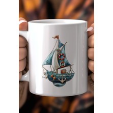 Deniz ve Macera Temalı Yelkenli Tekne Tasarımlı 330ML Baskılı Beyaz Seramik Kupa Bardak