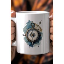 Pusula Desenli Denizci Temalı 330ML Baskılı Beyaz Seramik Kupa Bardak