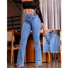 Stelol Kadın Yüksek Bel Yanları Lastik Önü Düğmeli Kot Pantolon