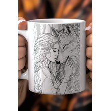 Kadın ve Kurt Figürlü Line Art Desenli 330ML Baskılı Beyaz Seramik Kupa Bardak