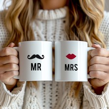 Sevgililere Özel Hediyelik 2'li Mr Mrs Yazılı 330ML Baskılı Beyaz Seramik Kupa Bardak