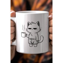 Kahve Içen Sevimli Kedi Tasarımlı 330ML Baskılı Beyaz Seramik Kupa Bardak