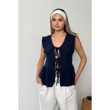 Jee Lee Kadın Bağlama Detaylı %100 Pamuklu Bluz Lacivert - 26Y 1041