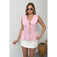 Jee Lee Kadın Bağlama Detaylı %100 Pamuklu Bluz Pembe - 26Y 1041