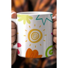 Renkli Modern Desenli 330ML Baskılı Beyaz Seramik Kupa Bardak