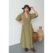 Jee Lee Kadın Bağlama Detaylı %100 Pamuklu Uzun Elbise Yeşil - 26Y 3008