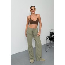 Jee Lee Kadın Beli Ayarlanabilir Bol Paça %100 Pamuklu Pantolon Haki - 26Y YP5545