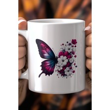 Kelebek Desenli 330ML Baskılı Beyaz Seramik Kupa Bardak