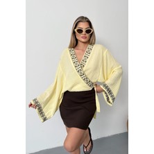Jee Lee Kadın Bağlama Detaylı Nakışlı %100 Pamuklu Kimono Sarı - 26Y 7014