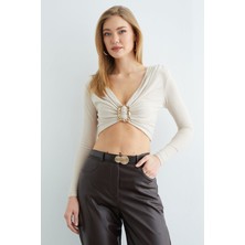 FullaModa Drapeli Tokalı Omuz Vatkalı Crop Bluz