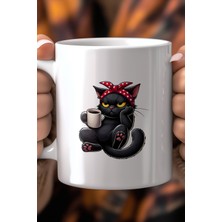 Kahve Içen Sevimli Kedi Tasarımlı 330ML Baskılı Beyaz Seramik Kupa Bardak