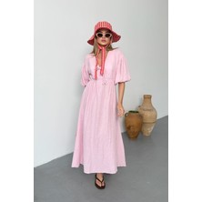 Jee Lee Kadın Bağlama Detaylı %100 Pamuklu Uzun Elbise Pembe - 26Y 3008