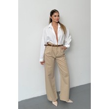 Jee Lee Kadın Beli Kemerli Çift Cepli Palazzo Pantolon Bej - 26Y 5429