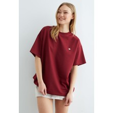 FullaModa Fiyonk Aksesuarlı Bisiklet Yaka Oversize Tişört