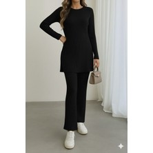 Stelol Kadın Uzun Kollu Yuvarlak Yaka Yandan Yırtmaç Detaylı Şardonlu Kaşkorse Bluz ve Pantolon Ikili Takım