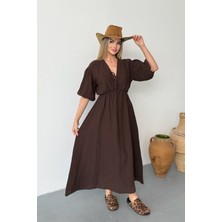 Jee Lee Kadın Bağlama Detaylı %100 Pamuklu Uzun Elbise Kahverengi - 26Y 3008