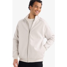 DeFacto Boxy Fit Dik Yaka Baskılı İçi Yumuşak Tüylü Cepli Fermuarlı Sweatshirt E1367AX26SP