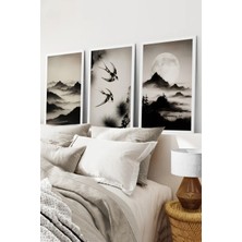KutuTR Beyaz Çerçeveli 2d Uv Baskı 3’lü Mdf Tablo Set – Sisli Dağlar ve Gece Manzarası - Beyaz CRV1108