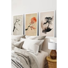 KutuTR Beyaz Çerçeveli 2d Uv Baskı 3’lü Mdf Tablo Set – Sisli Doğa Temalı Uzak Doğu Minimal- Beyaz CRV1110