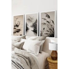 KutuTR Beyaz Çerçeveli 2d Uv Baskı 3’lü Mdf Tablo Set –turna Kuşları, Sisli Nehir - Beyaz CRV1107