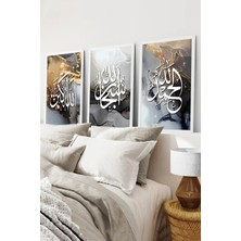 KutuTR Beyaz Çerçeveli 2d Uv Baskı 3’lü Mdf Tablo–altın Işık Vurgulu Islami Hat-Beyaz CRV1225