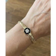 Milena Blake Siyah Detaylı Tek Taş Görünümlü Gold Bileklik – Zamansız Şıklık, Baget Taşlı Gold Çelik Bileklik