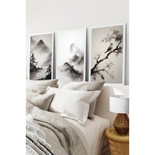 KutuTR Beyaz Çerçeveli 2d Uv Baskı 3’lü Mdf Tablo Set – Dağlar ve Daldaki Kuş Temalı - Beyaz CRV1105