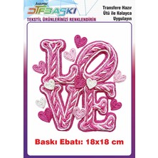 F17 Ajans Örgü Görünümlü Love Yazısı Kalp Ütü ile Yapışan Tişört Tekstil Baskı