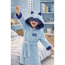Ely Parker Kapüşonlu Çocuk Bornoz  Pamuk Erkek Bebek Çocuk Bornozu Süperkahraman Hero Mavi