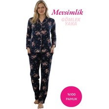 Bie's Kadın Gömlek Yaka Önden Düğmeli %100 Pamuk Lacivert Pembe Çiçekli Uzun Kol Cepli Pijama Takımı