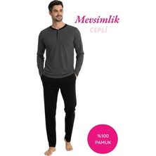 Bie's Erkek Füme 3 Düğmeli %100 Pamuk Mevsimlik Uzun Kol Cepli Pijama Takımı
