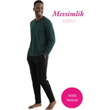 Bie's Erkek Yeşil 3 Düğmeli %100 Pamuk Mevsimlik Uzun Kol Cepli Pijama Takımı