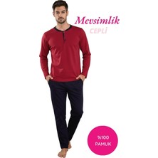 Bie's Erkek Kırmızı 3 Düğmeli %100 Pamuk Mevsimlik Uzun Kol Cepli Pijama Takımı