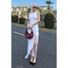 Madmext Beyaz Maxi Boy Yırtmaç Detaylı  Kadın Elbise MG2367