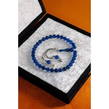 Dergah Tesbih Atölyesi Premium Kutulu Kişiye Özel Gümüş Harf Tasarımlı Mavi Ateş-I Kehribar Tesbih