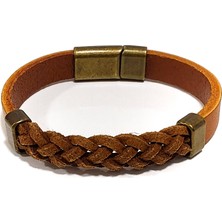 Herşey Nota Taba Kordon Hakiki Deri Örgülü Erkek Bileklik | Mıknatıslı Metal Tokalı, Klasik TASARIM-1236