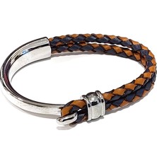 Herşey Nota Sırlı Taba–lacivert Gümüş Kancalı Hakiki Deri Erkek Bileklik-01