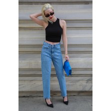 Madmext Mavi Yüksek Bel Kadın Mom Fit Pantolon MG2389