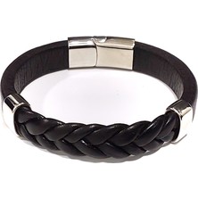 Herşey Nota Kara Muhafız Örgü Hakiki Deri Erkek Çelik Bileklik-37