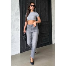 Madmext Gri Yüksek Bel Kadın Mom Fit Pantolon MG2389