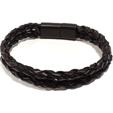 Herşey Nota Çift Sıra Örgü Hakiki Deri Siyah Erkek Bileklik | Mıknatıslı Metal Tokalı, Klasik TASARIM-1211