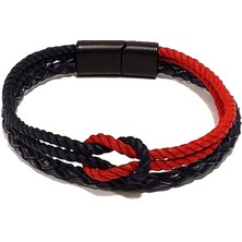 Herşey Nota Siyah Kırmızı Örgü Düğümlü Hakiki Deri Erkek Bileklik | Mıknatıslı Metal Tokalı TASARIM-1215