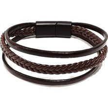 Herşey Nota Kahverengi Balık Sırtı Örgü Hakiki Deri Erkek Bileklik | Mıknatıslı Metal Tokalı TASARIM-1218