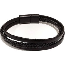 Herşey Nota Siyah Örgü ve Kordon Hakiki Deri Erkek Kombin Bileklik | Mıknatıslı Metal Tokalı Modern TASARIM-1237