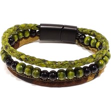 Herşey Nota Orman Savaşçısı Haki Yeşil Hakiki Deri & Doğaltaş Kombin Erkek Bileklik-Mıknatıs Tokalı TASARIM-1202