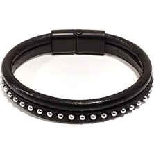 Herşey Nota Ince Küçük Boncuklu Düz Hakiki Deri Siyah Erkek Bileklik Mıknatıslı Metal TOKALI-1225