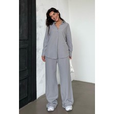 Madmext Boyalı Gri Keten Kadın Gömlek Pantolon Ikili Takım MG2356