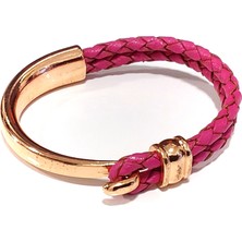 Herşey Nota Sırlı Pembe Gold Kancalı Gerçek Deri Bileklik-12