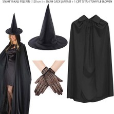 İlkyaz Fashion 120 cm Siyah Yakalı Cadı Pelerini Cadı Şapkası ve 1 Çift Siyah Kısa File Tüm Eldiven Seti 3